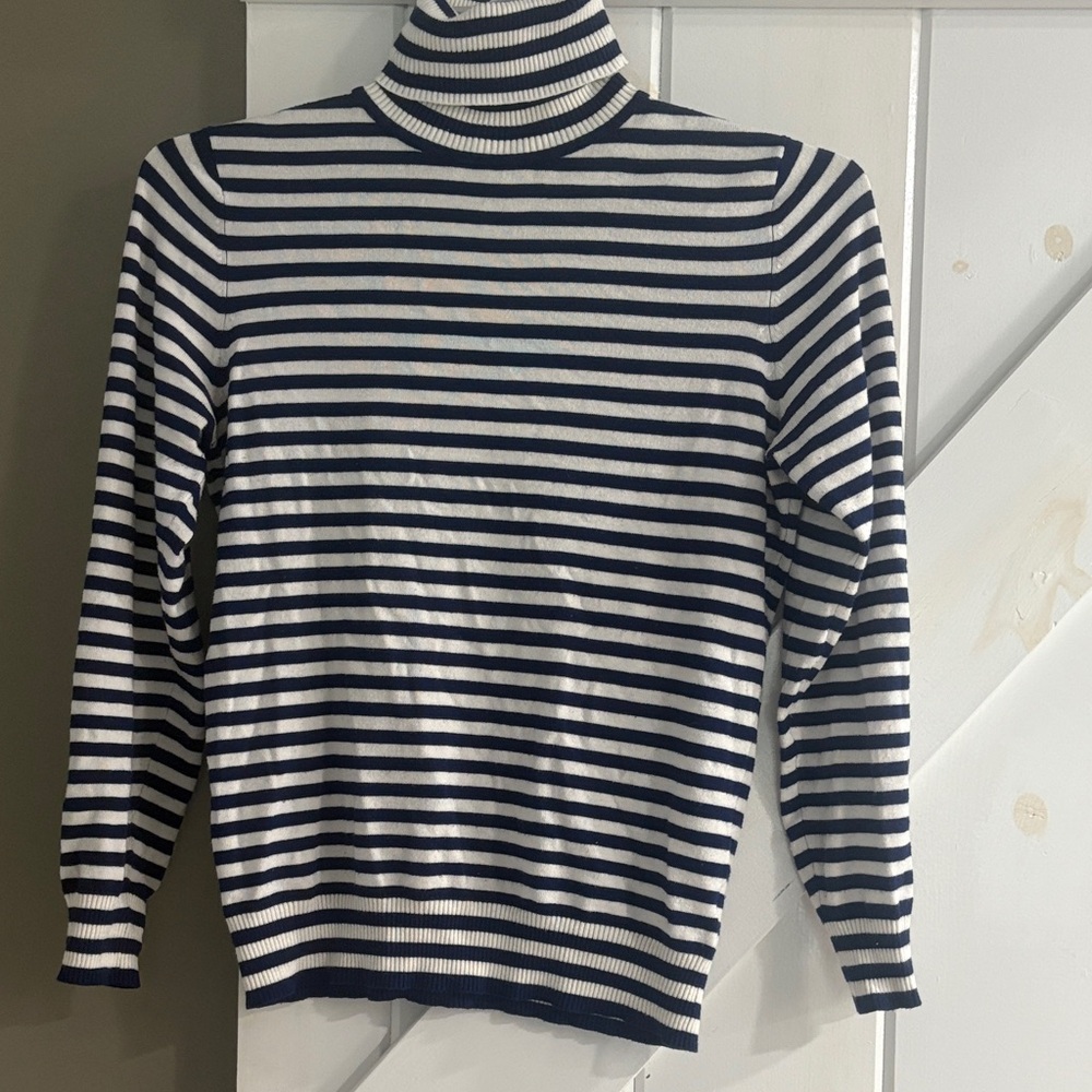 JosephA women’s navy and white striped knit turtleneck